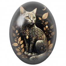 Cabochon en Verre Illustré Chat Mystique aux Feuillages Dorés 13x18, 18x25 ou 30x40mm pour la Création de Bijoux Fantaisie - DIY