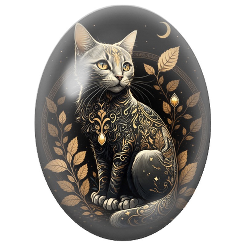 Cabochon en Verre Illustré Chat Mystique aux Feuillages Dorés 13x18, 18x25 ou 30x40mm