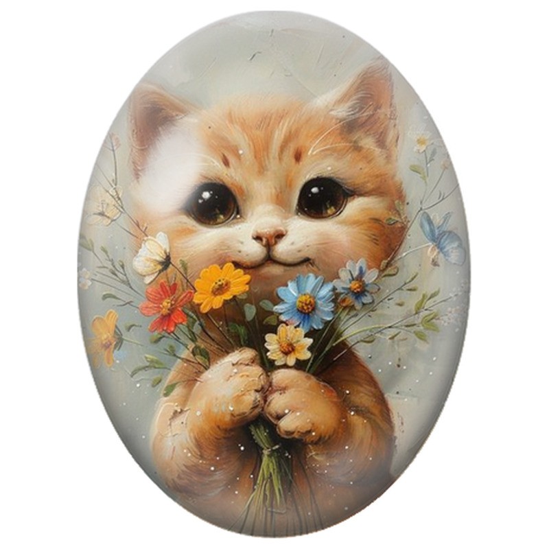 Cabochon en Verre Illustré Chaton Roux au Bouquet de Fleurs 13x18, 18x25 ou 30x40mm