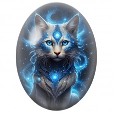 Cabochon en Verre Illustré Chat Cosmique aux Joyaux Bleus 13x18, 18x25 ou 30x40mm pour la Création de Bijoux Fantaisie - DIY