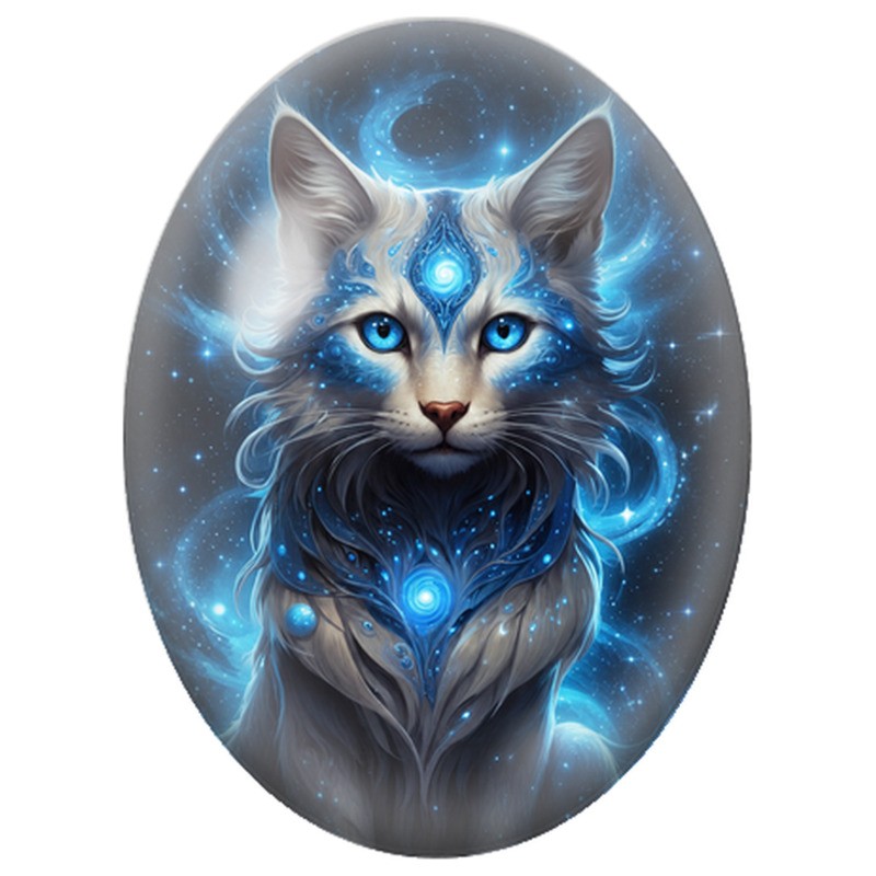 Cabochon en Verre Illustré Chat Cosmique aux Joyaux Bleus 13x18, 18x25 ou 30x40mm