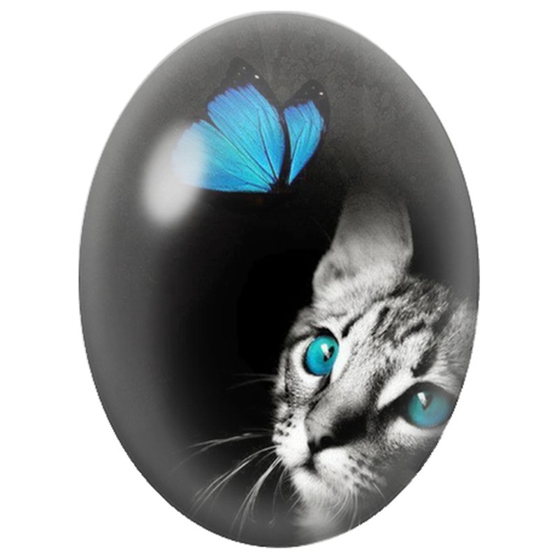 Cabochon en Verre Illustré Chat aux Yeux Bleus et Papillon Turquoise 13x18, 18x25 ou 30x40mm