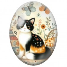 Cabochon en Verre Illustré Chat Tricolore aux Motifs Floraux 13x18, 18x25 ou 30x40mm pour la Création de Bijoux Fantaisie - DIY