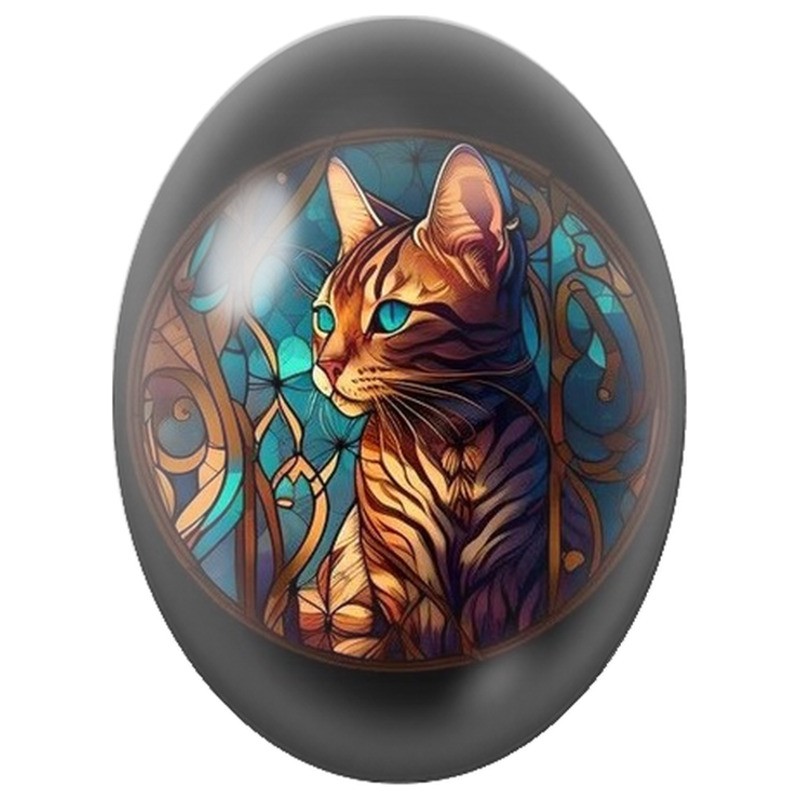 Cabochon en Verre Illustré Chat Tigré dans un Vitrail Turquoise 13x18, 18x25 ou 30x40mm
