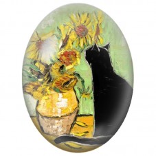 Cabochon en Verre Illustré Chat Noir devant un Vase de Tournesols 13x18, 18x25 ou 30x40mm pour la Création de Bijoux Fantaisie -