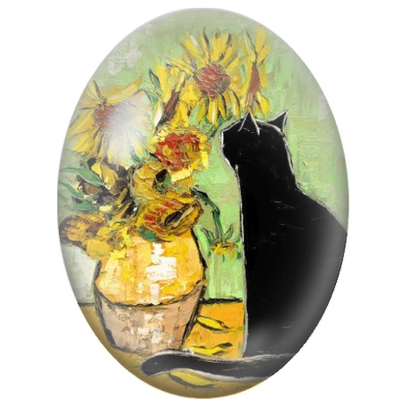 Cabochon en Verre Illustré Chat Noir devant un Vase de Tournesols 13x18, 18x25 ou 30x40mm