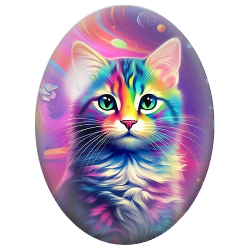 Cabochon en Verre Illustré Chat Arc-en-Ciel dans l’Espace 13x18, 18x25 ou 30x40mm