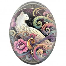 Cabochon en Verre Illustré Chat Blanc parmi les Volutes Florales Pastel 13x18, 18x25 ou 30x40mm pour la Création de Bijoux Fanta