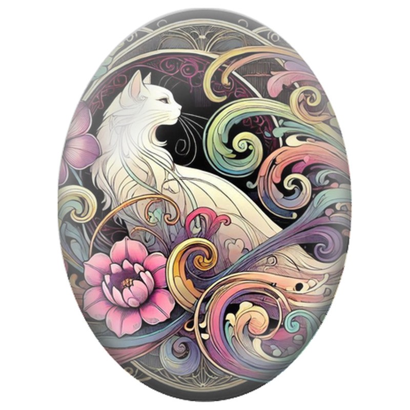 Cabochon en Verre Illustré Chat Blanc parmi les Volutes Florales Pastel 13x18, 18x25 ou 30x40mm