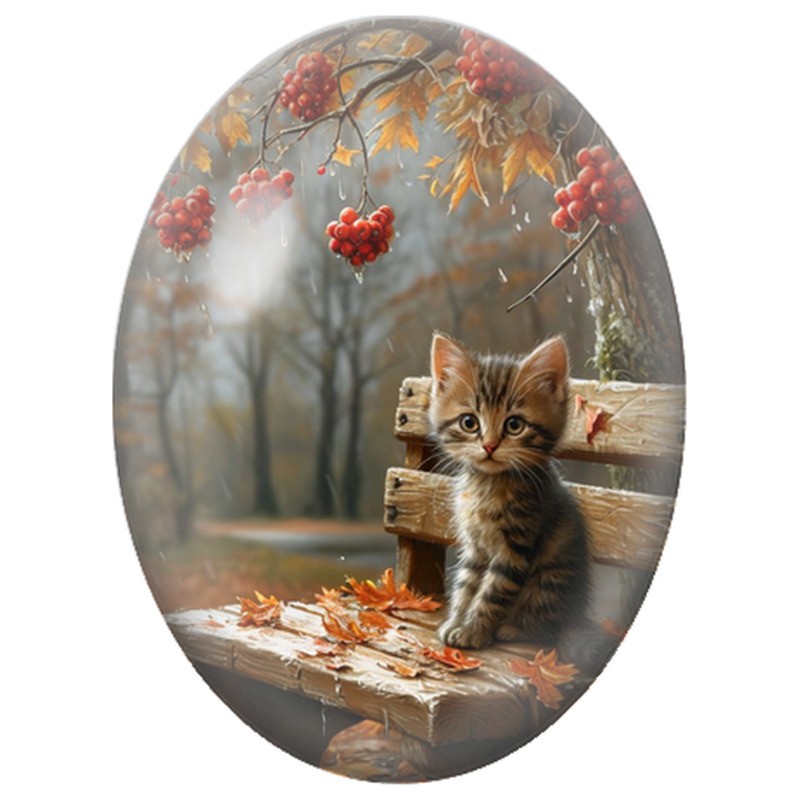 Cabochon en Verre Illustré Chaton sur un Banc sous les Baies Rouges 13x18, 18x25 ou 30x40mm
