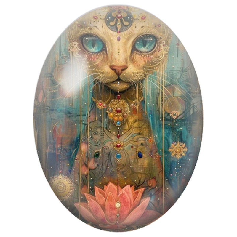Cabochon en Verre Illustré Chat Sacré aux Bijoux et Lotus 13x18, 18x25 ou 30x40mm