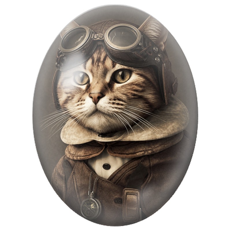 Cabochon en Verre Illustré Chat Aviateur aux Lunettes et Blouson de Cuir 13x18, 18x25 ou 30x40mm