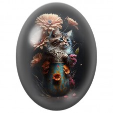 Cabochon en Verre Illustré Chaton dans un Vase aux Grandes Fleurs 13x18, 18x25 ou 30x40mm pour la Création de Bijoux Fantaisie -