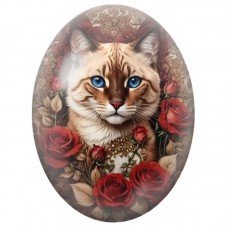 Cabochon en Verre Illustré Chat Siamois aux Roses Rouges et Collier Doré 13x18, 18x25 ou 30x40mm pour la Création de Bijoux Fant