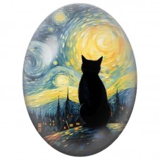 Cabochon en Verre Illustré Silhouette de Chat devant un Ciel Tourbillonnant 13x18, 18x25 ou 30x40mm pour la Création de Bijoux F