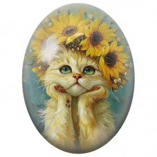 Cabochon en Verre Illustré Chat Blanc Couronné de Tournesols 13x18, 18x25 ou 30x40mm pour la Création de Bijoux Fantaisie - DIY