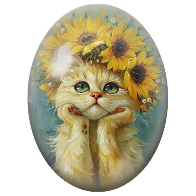 Cabochon en Verre Illustré Chat Blanc Couronné de Tournesols 13x18, 18x25 ou 30x40mm