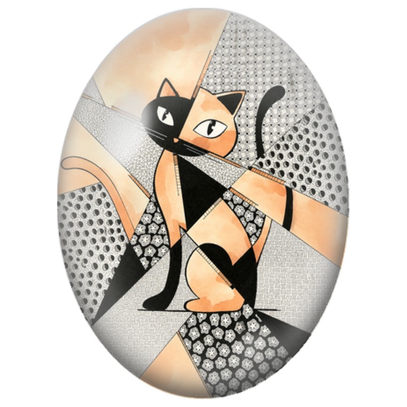 Cabochon en Verre Illustré Duo de Chats Géométriques Noir et Pêche 13x18, 18x25 ou 30x40mm