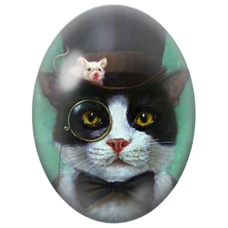 Cabochon en Verre Illustré Chat au Haut-de-Forme avec une Souris 13x18, 18x25 ou 30x40mm