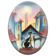 Cabochon en Verre Illustré Duo de Chats sur les Toits Bleus 13x18, 18x25 ou 30x40mm pour la Création de Bijoux Fantaisie - DIY
