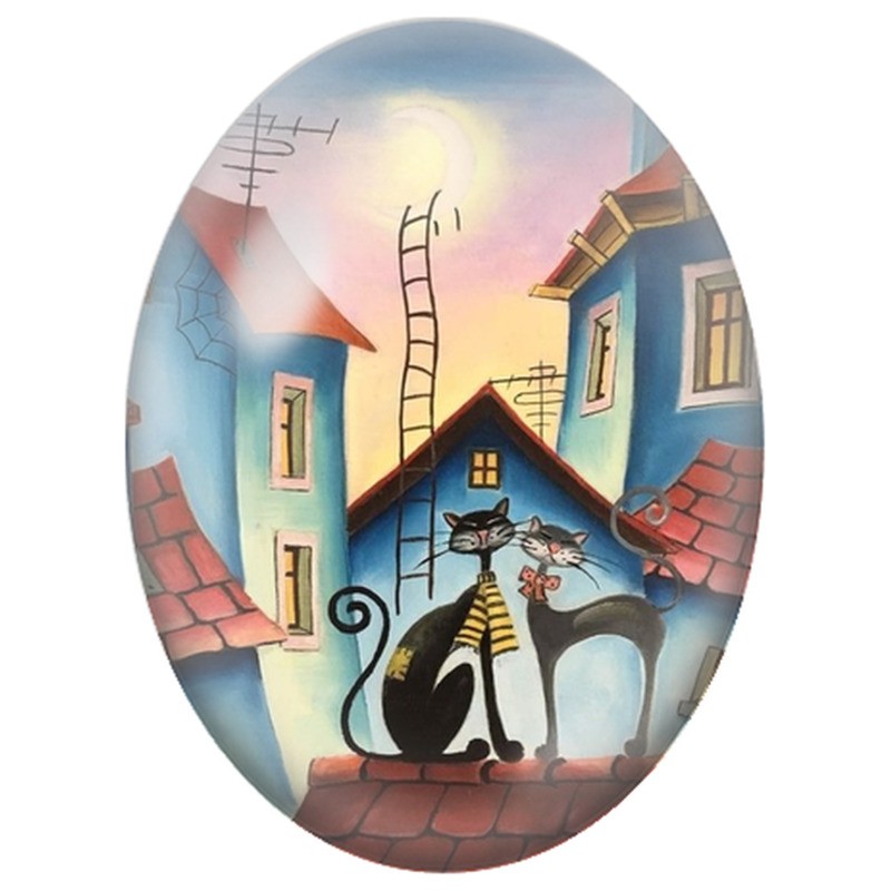 Cabochon en Verre Illustré Duo de Chats sur les Toits Bleus 13x18, 18x25 ou 30x40mm