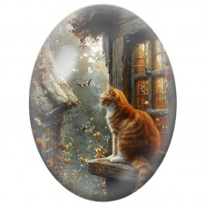 Cabochon en Verre Illustré Chat Roux à la Fenêtre d’Automne 13x18, 18x25 ou 30x40mm pour la Création de Bijoux Fantaisie - DIY