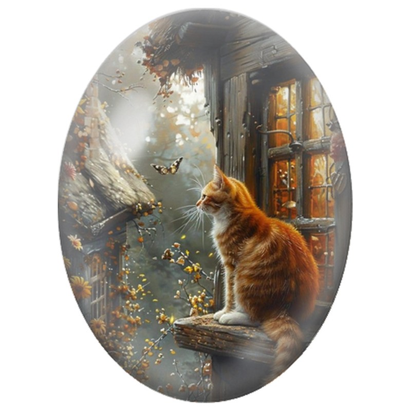 Cabochon en Verre Illustré Chat Roux à la Fenêtre d’Automne 13x18, 18x25 ou 30x40mm