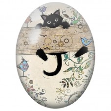 Cabochon en Verre Illustré Chat Noir Jouant avec les Oiseaux 13x18, 18x25 ou 30x40mm pour la Création de Bijoux Fantaisie - DIY