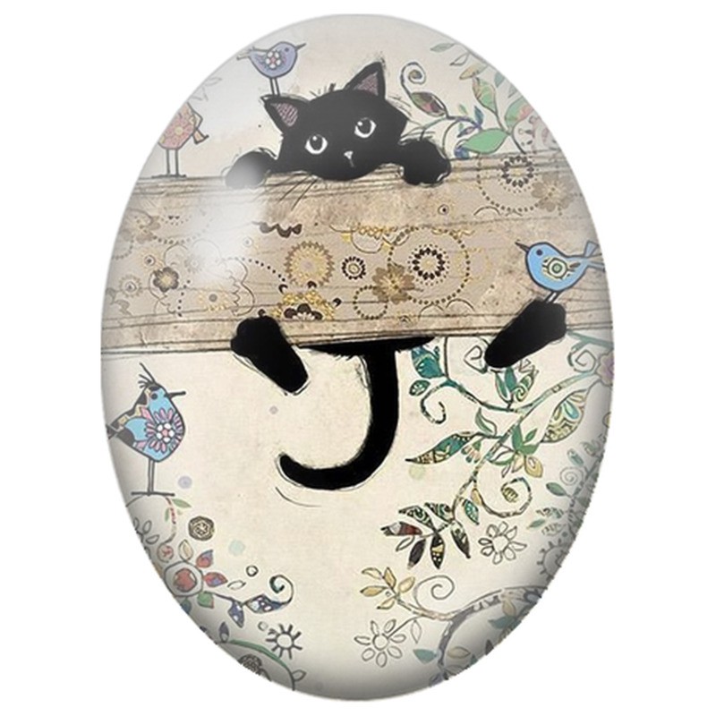 Cabochon en Verre Illustré Chat Noir Jouant avec les Oiseaux 13x18, 18x25 ou 30x40mm