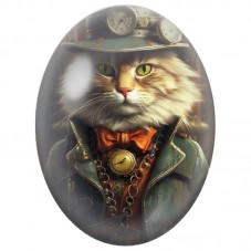 Cabochon en Verre Illustré Chat Steampunk au Chapeau Vert 13x18, 18x25 ou 30x40mm pour la Création de Bijoux Fantaisie - DIY