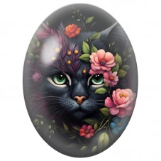 Cabochon en Verre Illustré Chat Noir parmi les Fleurs Colorées 13x18, 18x25 ou 30x40mm pour la Création de Bijoux Fantaisie - DI