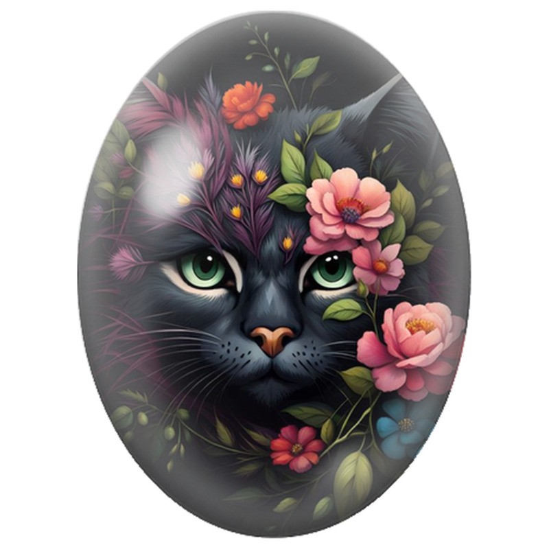 Cabochon en Verre Illustré Chat Noir parmi les Fleurs Colorées 13x18, 18x25 ou 30x40mm