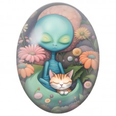 Cabochon en Verre Illustré Petit Alien avec un Chat Endormi 13x18, 18x25 ou 30x40mm pour la Création de Bijoux Fantaisie - DIY