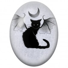 Cabochon en Verre Illustré Chat Noir Ailé sous le Croissant de Lune 13x18, 18x25 ou 30x40mm pour la Création de Bijoux Fantaisie