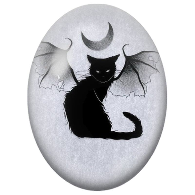 Cabochon en Verre Illustré Chat Noir Ailé sous le Croissant de Lune 13x18, 18x25 ou 30x40mm