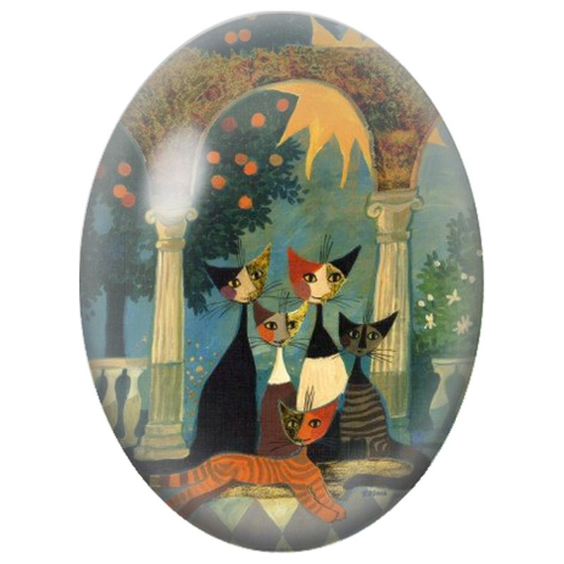 Cabochon en Verre Illustré Famille de Chats dans un Jardin Méditerranéen 13x18, 18x25 ou 30x40mm