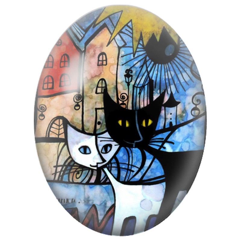 Cabochon en Verre Illustré Duo de Chats dans la Ville Colorée 13x18, 18x25 ou 30x40mm