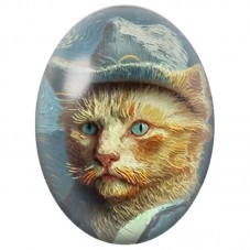 Cabochon en Verre Illustré Chat Artiste au Chapeau Bleu 13x18, 18x25 ou 30x40mm pour la Création de Bijoux Fantaisie - DIY
