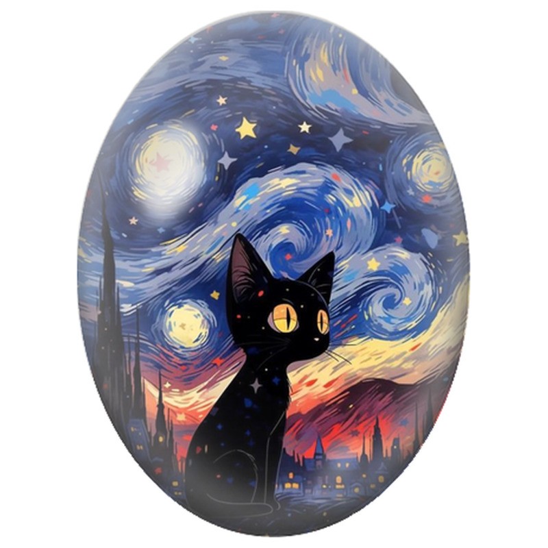 Cabochon en Verre Illustré Chat Noir sous le Ciel Étoilé 13x18, 18x25 ou 30x40mm