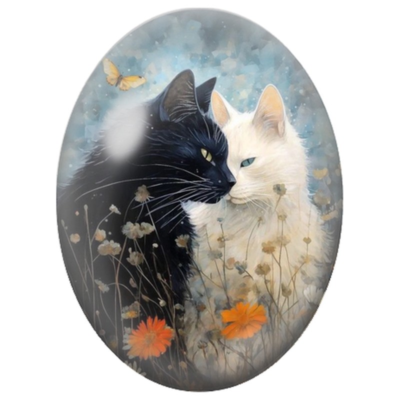 Cabochon en Verre Illustré Chats Noir et Blanc parmi les Fleurs 13x18, 18x25 ou 30x40mm