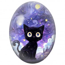 Cabochon en Verre Illustré Chat Noir sous le Ciel Violet 13x18, 18x25 ou 30x40mm pour la Création de Bijoux Fantaisie - DIY