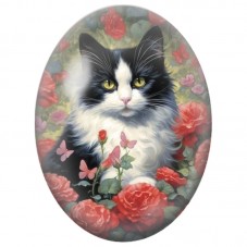 Cabochon en Verre Illustré Chat Noir et Blanc aux Roses Rouges 13x18, 18x25 ou 30x40mm pour la Création de Bijoux Fantaisie - DI