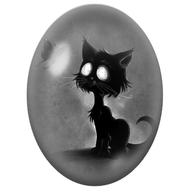 Cabochon en Verre Illustré Chat Noir avec un Papillon 13x18, 18x25 ou 30x40mm