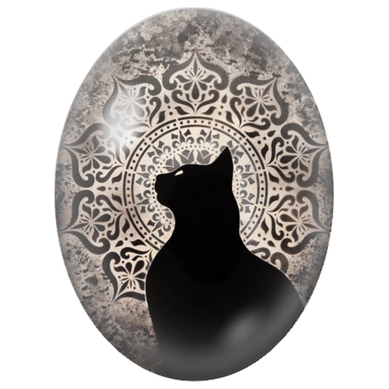Cabochon en Verre Illustré Chat Noir devant une Rosace 13x18, 18x25 ou 30x40mm