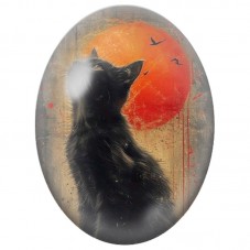 Cabochon en Verre Illustré Chat Noir devant le Soleil Rouge 13x18, 18x25 ou 30x40mm pour la Création de Bijoux Fantaisie - DIY