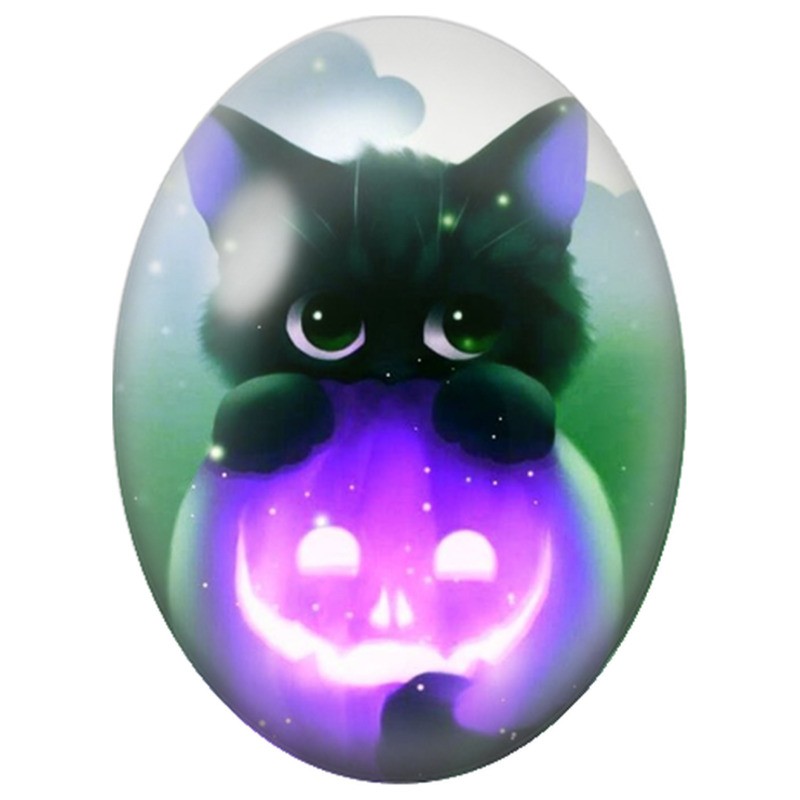 Cabochon en Verre Illustré Chat Noir à la Citrouille Violette 13x18, 18x25 ou 30x40mm