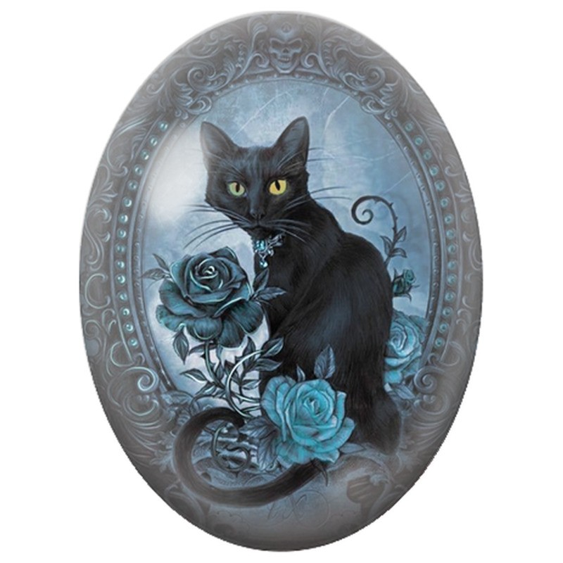 Cabochon en Verre Illustré Chat Gothique aux Roses Bleues 13x18, 18x25 ou 30x40mm