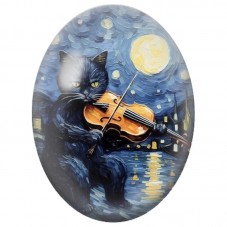 Cabochon en Verre Illustré Chat Violoniste sous la Pleine Lune 13x18, 18x25 ou 30x40mm pour la Création de Bijoux Fantaisie - DI