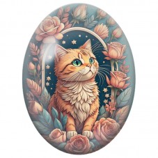Cabochon en Verre Illustré Chat Tigré parmi les Roses Pêche 13x18, 18x25 ou 30x40mm pour la Création de Bijoux Fantaisie - DIY