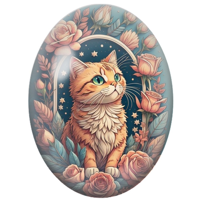 Cabochon en Verre Illustré Chat Tigré parmi les Roses Pêche 13x18, 18x25 ou 30x40mm